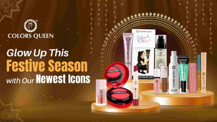 Festive Banner for Press Release Colors Queen, festive makeup, Cushion Foundation, Glass Bomb Stick, Liquid Metallic Eyeshadow, affordable cosmetics, Indian beauty brand, cruelty-free makeup, Illuminating Primer