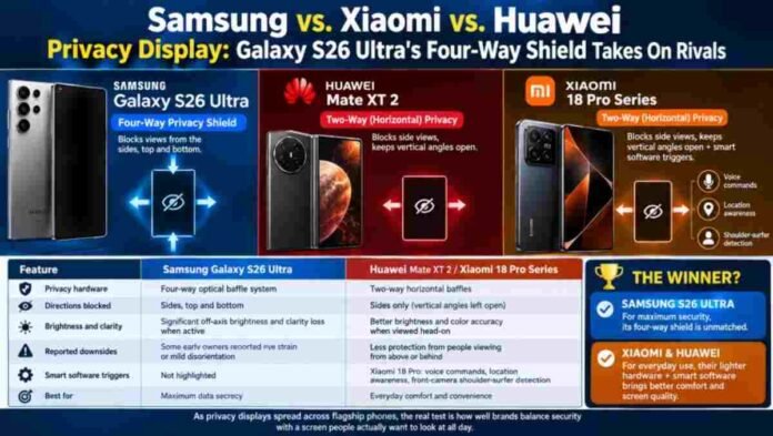 Samsung, Galaxy S26 Ultra, Xiaomi, Xiaomi 18 Pro, Huawei, Huawei Mate XT 2, Privacy Display, Smartphone Privacy, Mobile Security, Display Technology, Foldable Phones, Ice Universe, Phone Comparison